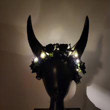 Krampus Pointy Straight Devil Demon Horn Headband Black Rose Flowers Costume Head Piece LED Light-Up