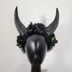 Krampus Pointy Straight Devil Demon Horn Headband Black Rose Flowers Costume Head Piece LED Light-Up