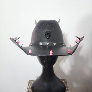 Studded Spiked Cowboy Hat Goth Punk Y'allternative Western Gothic Fashion Accesory Pink Studs Silver Horns