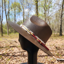 Brown country sun hat with hand painted steer animal skull and custom cow print band and belt with bullet studs