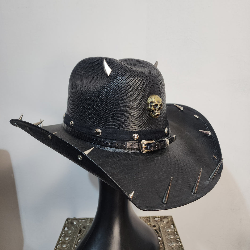 Goth Cowboy Hat Y'allternative Western Gothic Fashion Large Black with Silver and Bronze Skull & Horns
