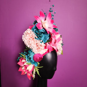Pink Blue Floral Headpiece Crown Hat Headband for Festival Costume
