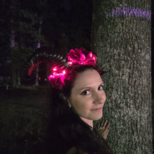 Ram Horn Demon Headband with Red Roses – LED Lights Devil Costume Headdress