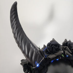 Krampus Pointy Straight Devil Demon Horn Headband Black Rose Flowers Costume Head Piece LED Light-Up