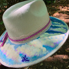 Celestial Fairy Cloud Hand-Painted Vegan Suede Sun Hat with Fairies, Clouds & Dreamy Sky Art