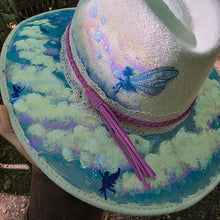 Celestial Fairy Cloud Hand-Painted Vegan Suede Sun Hat with Fairies, Clouds & Dreamy Sky Art