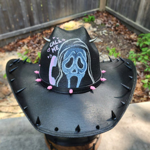 Ghostface Scream Call Me Inspired Horror Cowboy Hat Hand Painted with Black Spikes and Horns