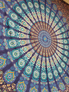 Blue Feather Mandala Queen Tapestry