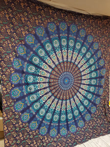 Blue Feather Mandala Queen Tapestry