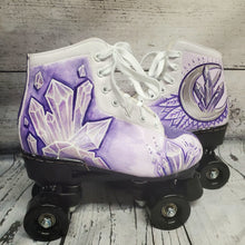 Crystal Witch Crescent Moon Disco Fashion Hand Painted Art Quad Roller Skates Women Size 7.5 Purple Silver Metallic Glitter