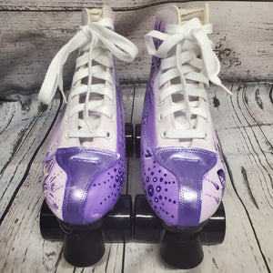Crystal Witch Crescent Moon Disco Fashion Hand Painted Art Quad Roller Skates Women Size 7.5 Purple Silver Metallic Glitter