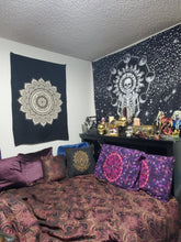 Full bedroom set up witj Black and White Mandala Tapestry from Freebird Revolution - Mini Poster Size 30 x 40 inches 