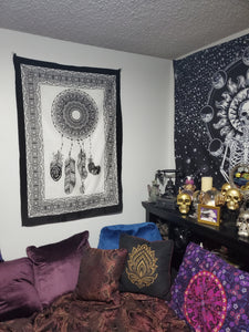 Bedroom set up view of Dreamcatcher black and white tapestry from Freebird Revolution - Mini Poster Size 30 x 40 inches 