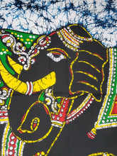 Elephant face detail Traditonal indian tapestry two black elephants with red and green blanket and yellow tusks. Blue tie dye background with black border. Mini poster sized tapeatry 30 x 40 inches from Freebird Revolution