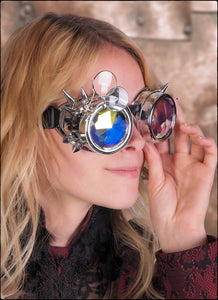 Kaleidoscope Steampunk Googles with Silver Metallic Spikes & Trippy Psychedelic Lenses for Costume Cosplay EDM Raves