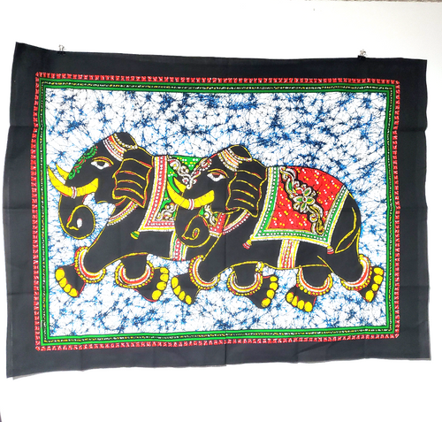 Traditonal indian tapestry two black elephants with red and green blanket and yellow tusks. Blue tie dye background with black border. Mini poster sized tapeatry 30 x 40 inches from Freebird Revolution