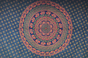Dark Blue Warm Tone Round Mandala Tapestry - Size Twin
