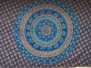 Bright Blue Round Mandala Tapestry - Size Twin