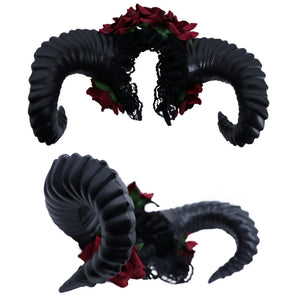 Ram Devil Demon Horn Headband Red Rose Flowers Costume Head Piece