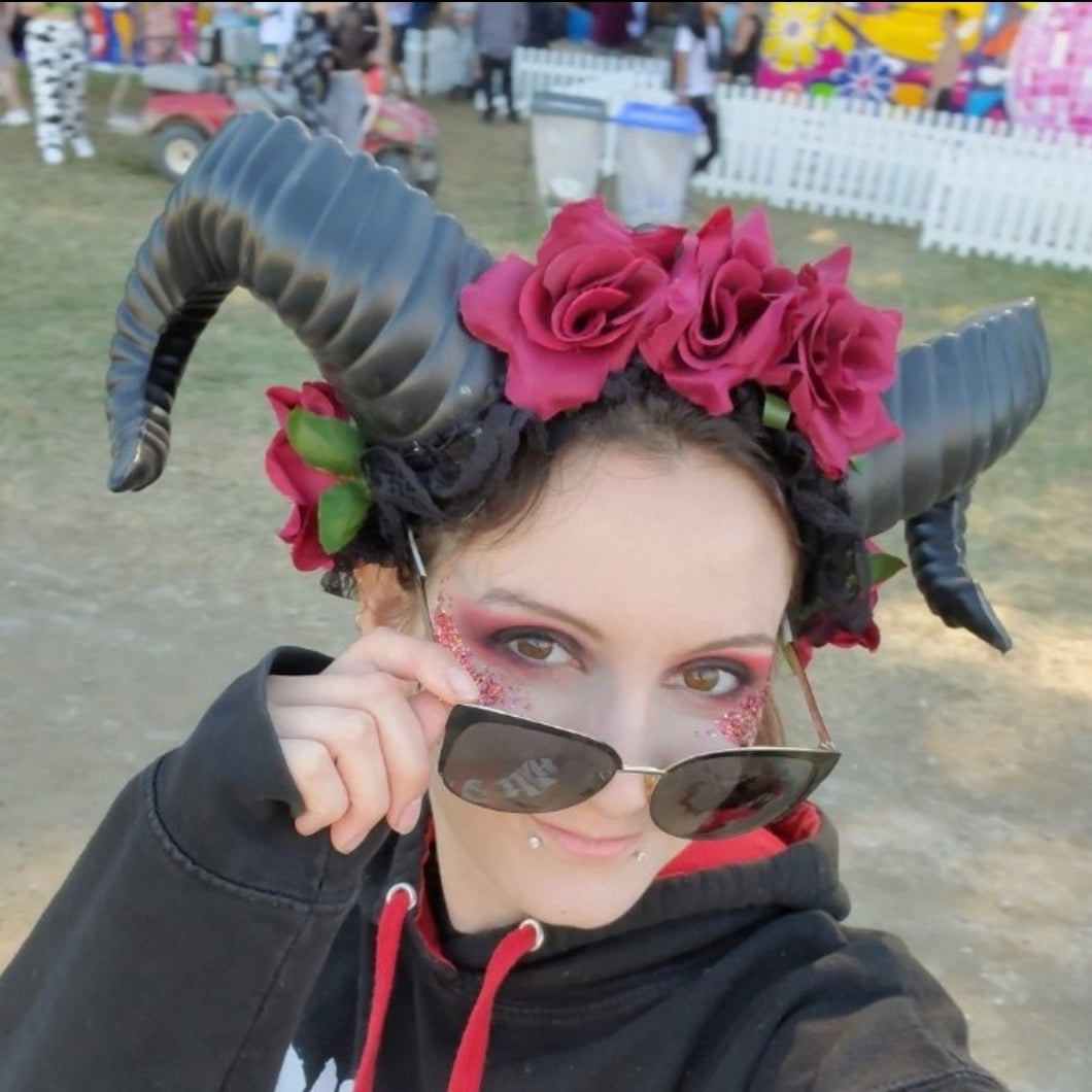 Ram Devil Demon Horn Headband Red Rose Flowers Costume Head Piece