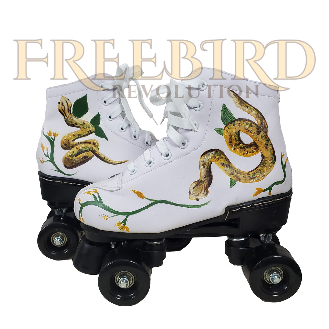 Snakes & Sunflowers Retro Funky Fashion Indoor Quad Roller Skates for Roller Rink Disco Hand Painted One of a Kind Skates