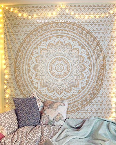 White & Metallic Gold Mandala Tapestry